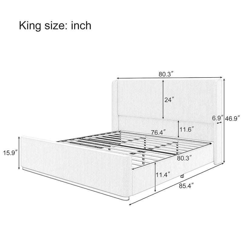 King Corduroy Upholstered Bed - 47" Wingback Headboard, Vertical Channel Tufting, 600lb Capacity, Metal/Wood Frame, No Box Spring