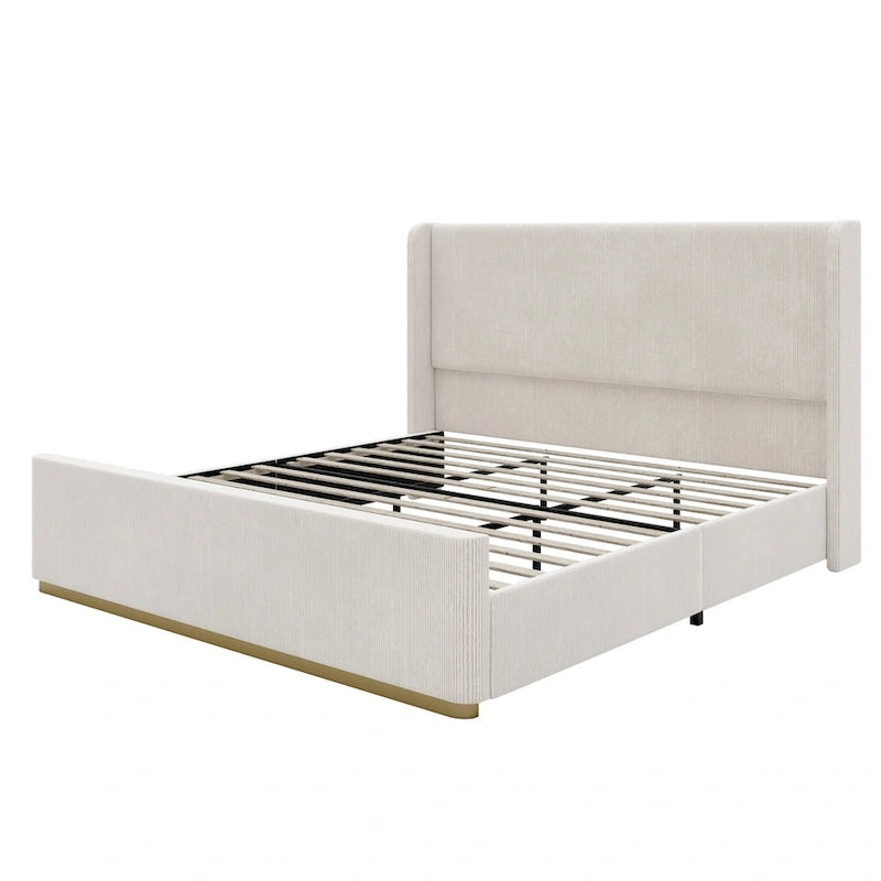 King Corduroy Upholstered Bed - 47" Wingback Headboard, Vertical Channel Tufting, 600lb Capacity, Metal/Wood Frame, No Box Spring