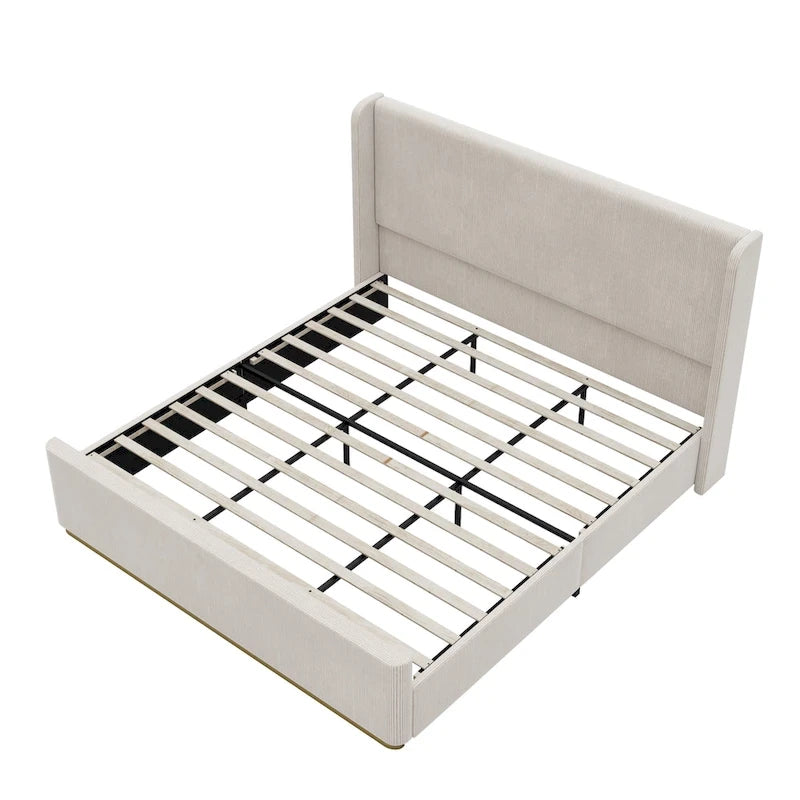 King Corduroy Upholstered Bed - 47" Wingback Headboard, Vertical Channel Tufting, 600lb Capacity, Metal/Wood Frame, No Box Spring