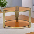 31.5" Tempered Glass Coffee Table with Asymmetrical Metal Design - Gold Drum Base, Lower Shelf, Brown Glass Top