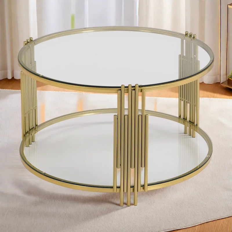 31.5" Tempered Glass Coffee Table with Asymmetrical Metal Design - Gold Drum Base, Lower Shelf, Brown Glass Top