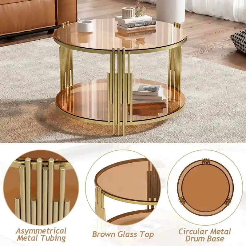 31.5" Tempered Glass Coffee Table with Asymmetrical Metal Design - Gold Drum Base, Lower Shelf, Brown Glass Top