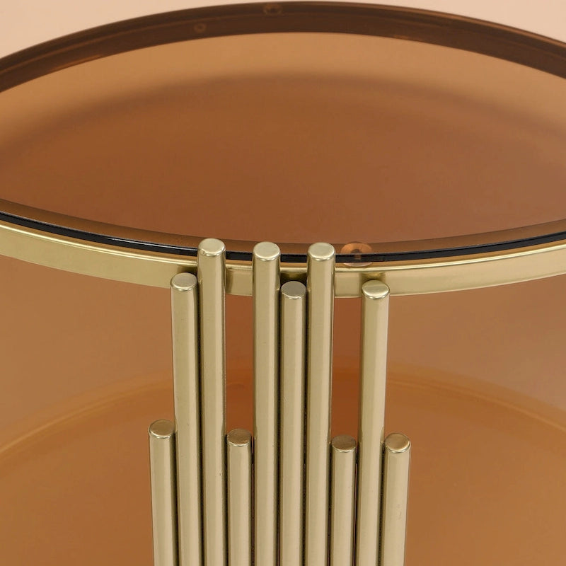 31.5" Tempered Glass Coffee Table with Asymmetrical Metal Design - Gold Drum Base, Lower Shelf, Brown Glass Top