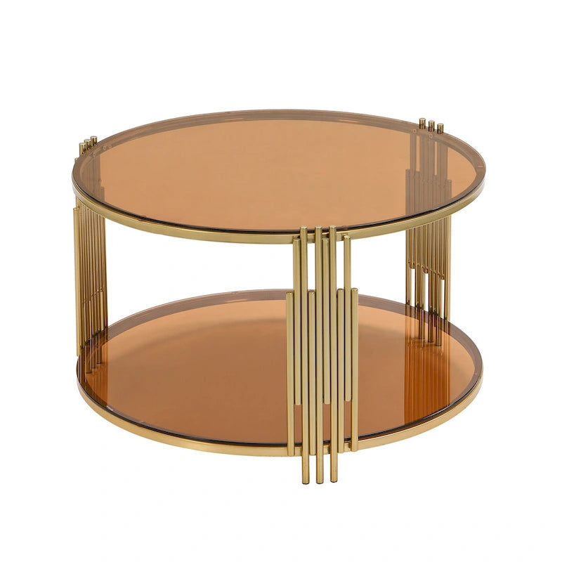 31.5" Tempered Glass Coffee Table with Asymmetrical Metal Design - Gold Drum Base, Lower Shelf, Brown Glass Top