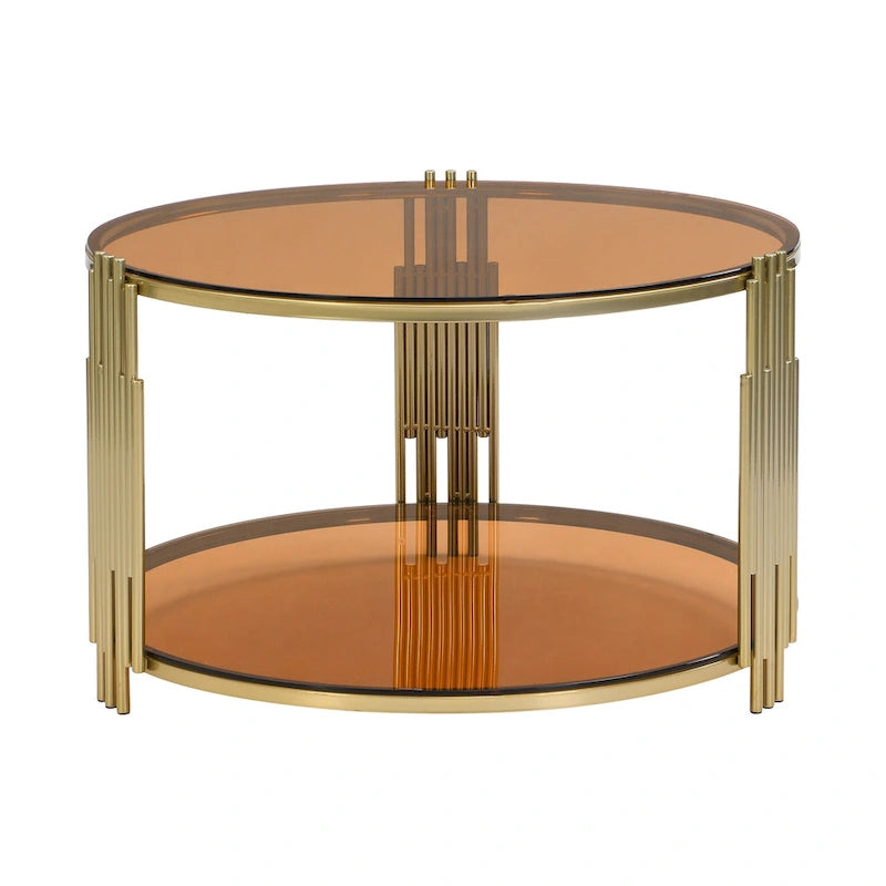 31.5" Tempered Glass Coffee Table with Asymmetrical Metal Design - Gold Drum Base, Lower Shelf, Brown Glass Top
