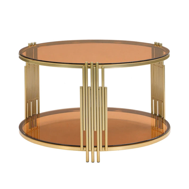 31.5" Tempered Glass Coffee Table with Asymmetrical Metal Design - Gold Drum Base, Lower Shelf, Brown Glass Top