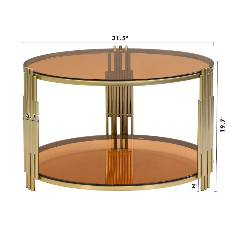 31.5" Tempered Glass Coffee Table with Asymmetrical Metal Design - Gold Drum Base, Lower Shelf, Brown Glass Top