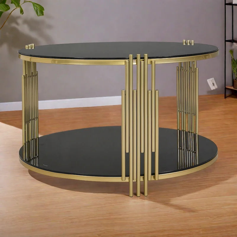 31.5" Tempered Glass Coffee Table with Asymmetrical Metal Design - Gold Drum Base, Lower Shelf, Brown Glass Top