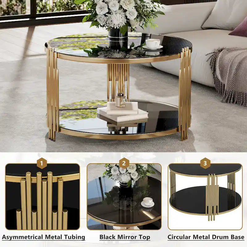 31.5" Tempered Glass Coffee Table with Asymmetrical Metal Design - Gold Drum Base, Lower Shelf, Brown Glass Top