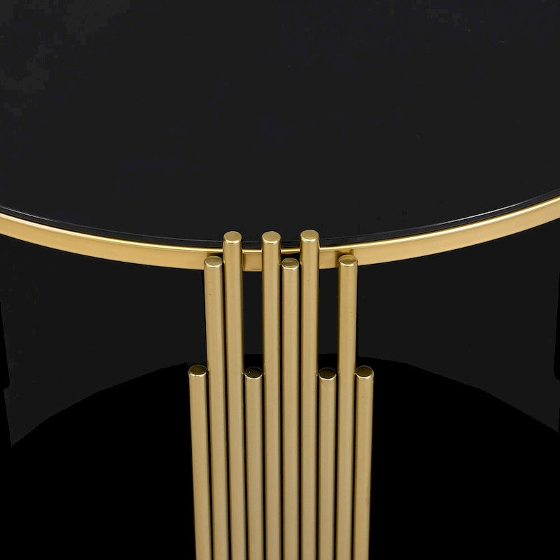 31.5" Tempered Glass Coffee Table with Asymmetrical Metal Design - Gold Drum Base, Lower Shelf, Brown Glass Top