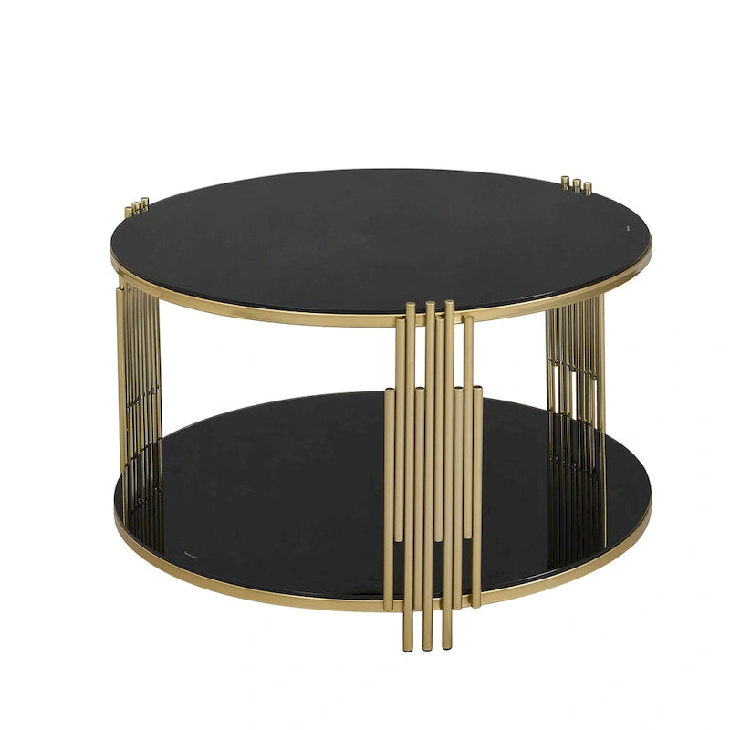 31.5" Tempered Glass Coffee Table with Asymmetrical Metal Design - Gold Drum Base, Lower Shelf, Brown Glass Top