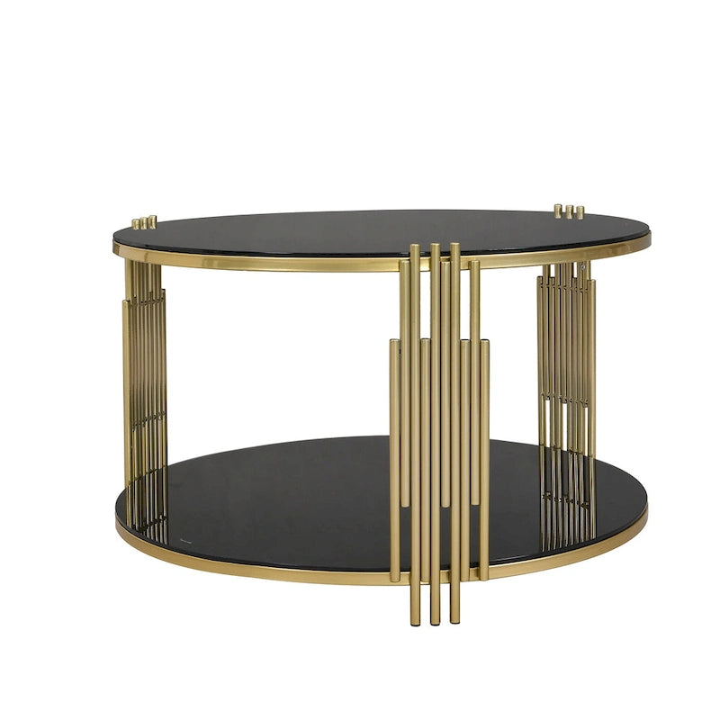 31.5" Tempered Glass Coffee Table with Asymmetrical Metal Design - Gold Drum Base, Lower Shelf, Brown Glass Top