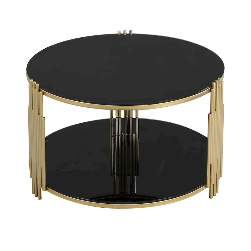 31.5" Tempered Glass Coffee Table with Asymmetrical Metal Design - Gold Drum Base, Lower Shelf, Brown Glass Top