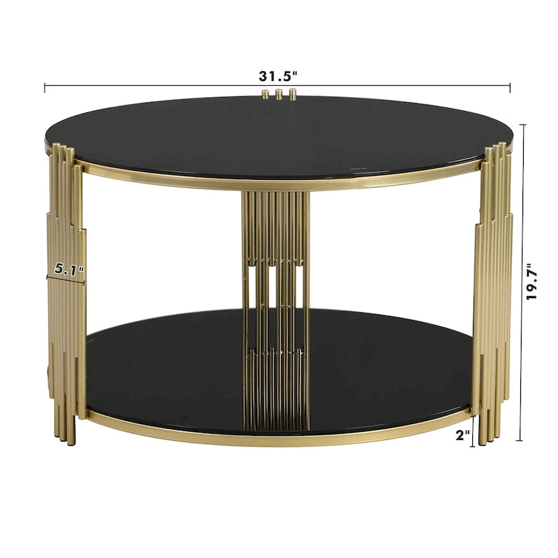 31.5" Tempered Glass Coffee Table with Asymmetrical Metal Design - Gold Drum Base, Lower Shelf, Brown Glass Top
