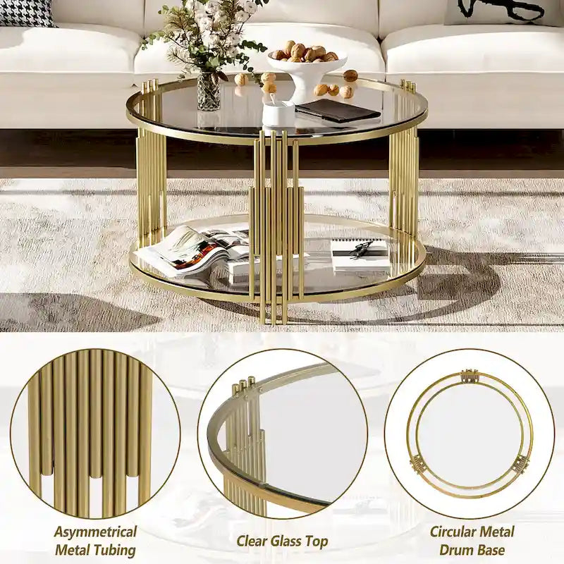 31.5" Tempered Glass Coffee Table with Asymmetrical Metal Design - Gold Drum Base, Lower Shelf, Brown Glass Top