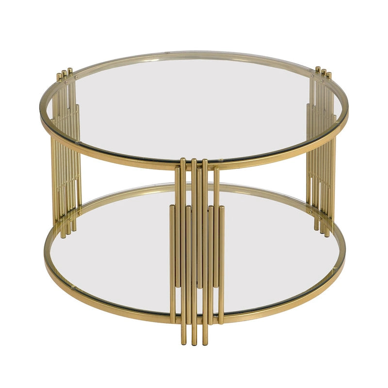 31.5" Tempered Glass Coffee Table with Asymmetrical Metal Design - Gold Drum Base, Lower Shelf, Brown Glass Top