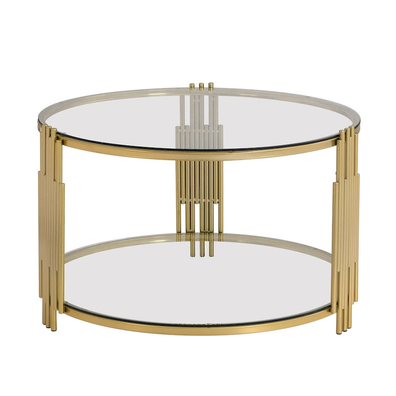 31.5" Tempered Glass Coffee Table with Asymmetrical Metal Design - Gold Drum Base, Lower Shelf, Brown Glass Top