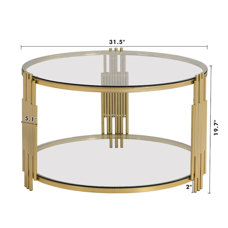 31.5" Tempered Glass Coffee Table with Asymmetrical Metal Design - Gold Drum Base, Lower Shelf, Brown Glass Top