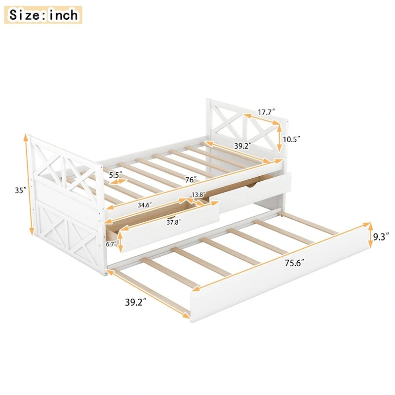 Twin Daybed with 2 Drawers & Trundle - Solid Pine Wood, 76L x 39.2W x 35H, Multi-Functional Bedroom Furniture