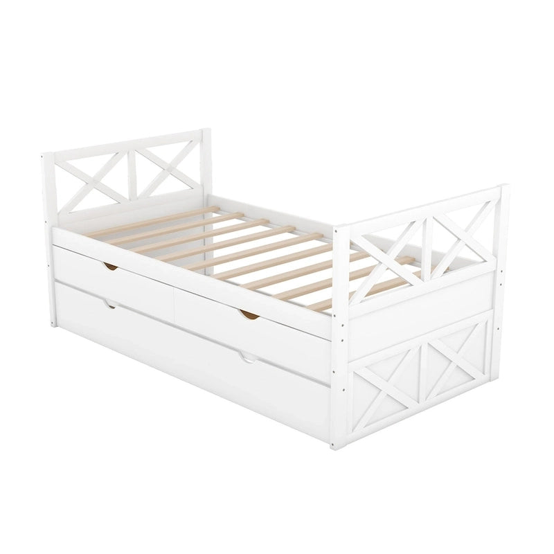 Twin Daybed with 2 Drawers & Trundle - Solid Pine Wood, 76L x 39.2W x 35H, Multi-Functional Bedroom Furniture