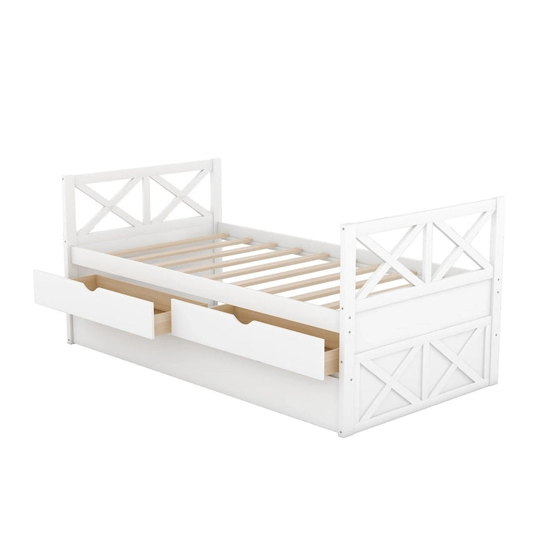 Twin Daybed with 2 Drawers & Trundle - Solid Pine Wood, 76L x 39.2W x 35H, Multi-Functional Bedroom Furniture