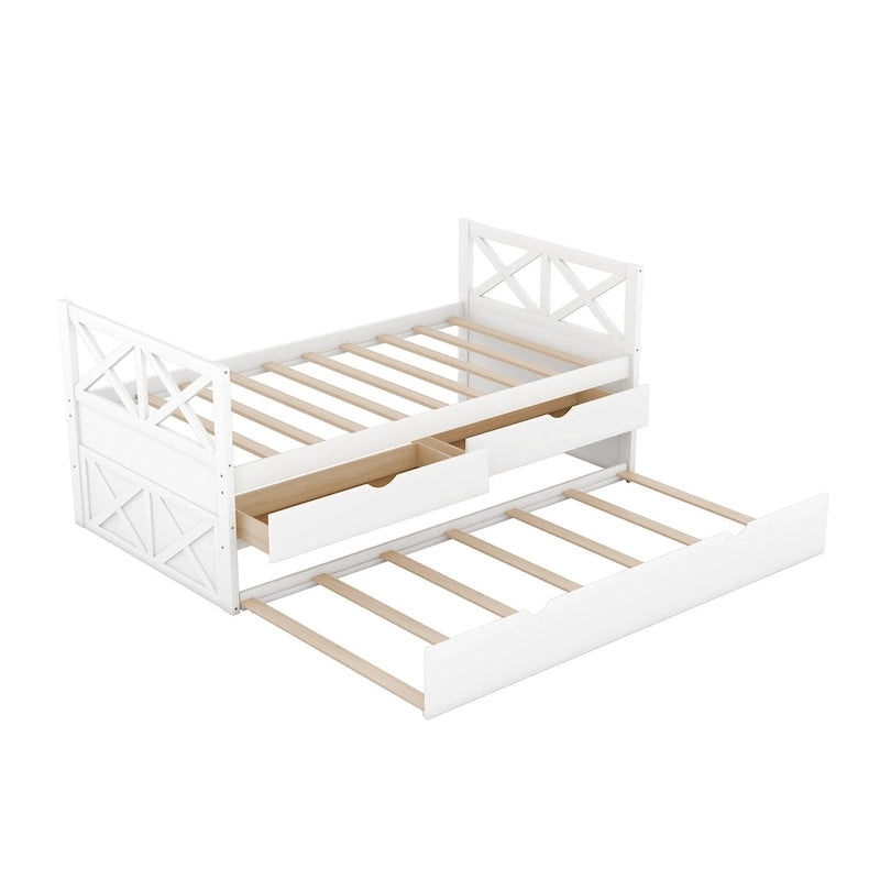 Twin Daybed with 2 Drawers & Trundle - Solid Pine Wood, 76L x 39.2W x 35H, Multi-Functional Bedroom Furniture