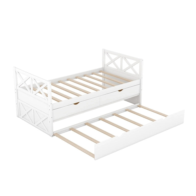 Twin Daybed with 2 Drawers & Trundle - Solid Pine Wood, 76L x 39.2W x 35H, Multi-Functional Bedroom Furniture