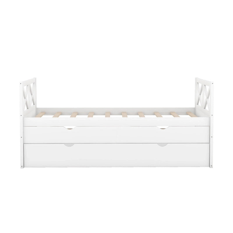 Twin Daybed with 2 Drawers & Trundle - Solid Pine Wood, 76L x 39.2W x 35H, Multi-Functional Bedroom Furniture