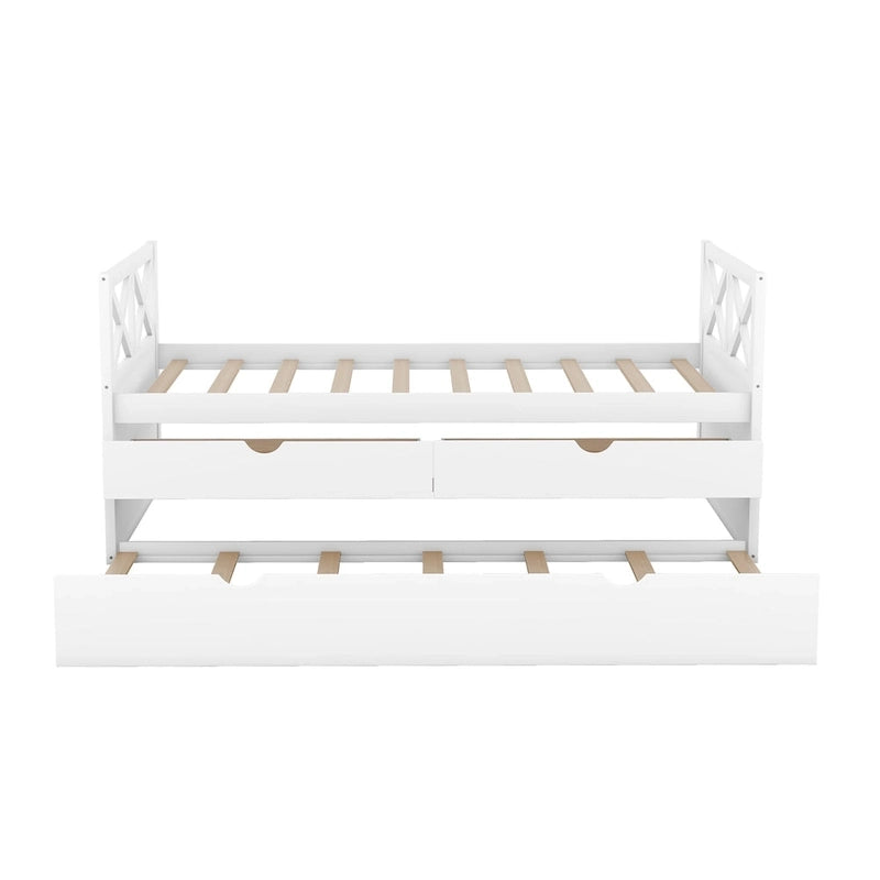 Twin Daybed with 2 Drawers & Trundle - Solid Pine Wood, 76L x 39.2W x 35H, Multi-Functional Bedroom Furniture