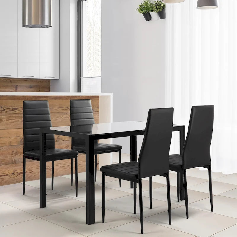 Modern 5-Piece Dining Set - Rectangular Tempered Glass Table & 4 High Back Upholstered Chairs, PU Leather, Metal Frame