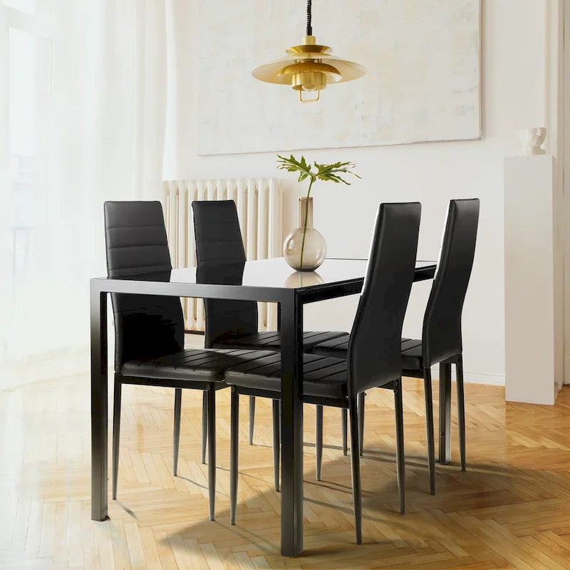Modern 5-Piece Dining Set - Rectangular Tempered Glass Table & 4 High Back Upholstered Chairs, PU Leather, Metal Frame