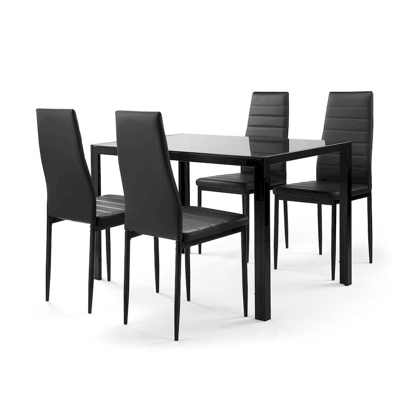 Modern 5-Piece Dining Set - Rectangular Tempered Glass Table & 4 High Back Upholstered Chairs, PU Leather, Metal Frame