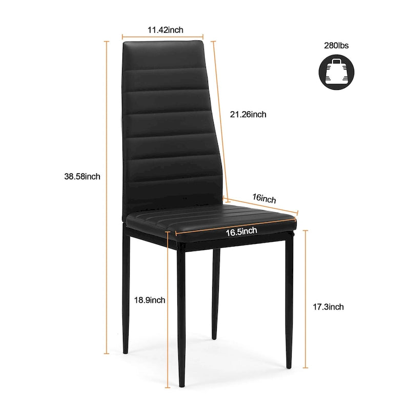 Modern 5-Piece Dining Set - Rectangular Tempered Glass Table & 4 High Back Upholstered Chairs, PU Leather, Metal Frame