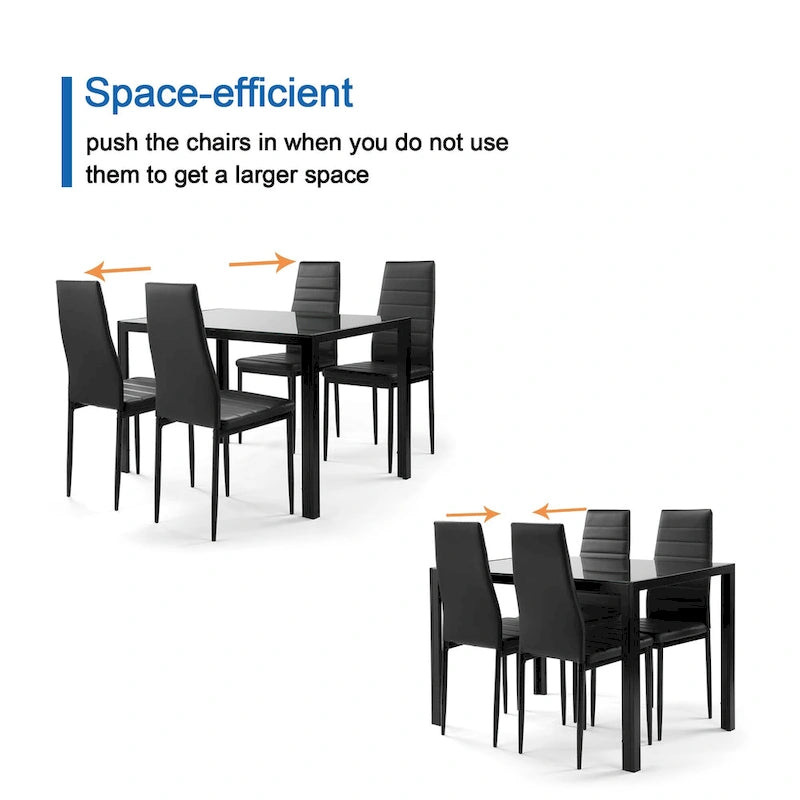 Modern 5-Piece Dining Set - Rectangular Tempered Glass Table & 4 High Back Upholstered Chairs, PU Leather, Metal Frame