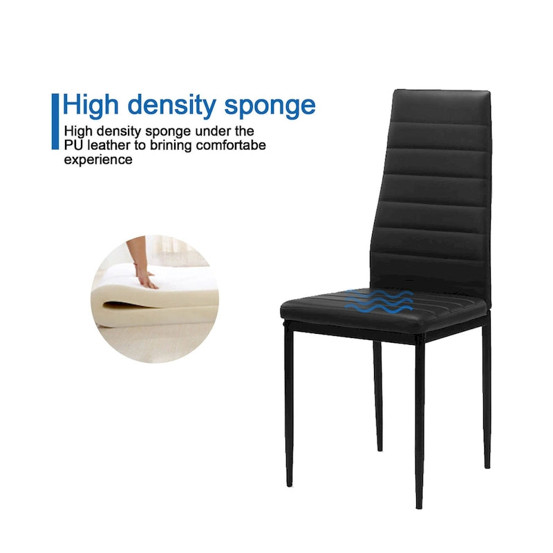 Modern 5-Piece Dining Set - Rectangular Tempered Glass Table & 4 High Back Upholstered Chairs, PU Leather, Metal Frame