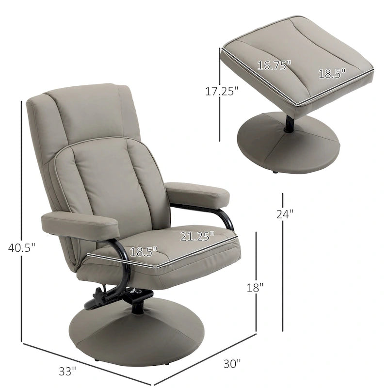 30" High Back Swivel Recliner Chair with Ottoman - PU Leather, Full 360° Rotation, Steel Base, Manual Recline