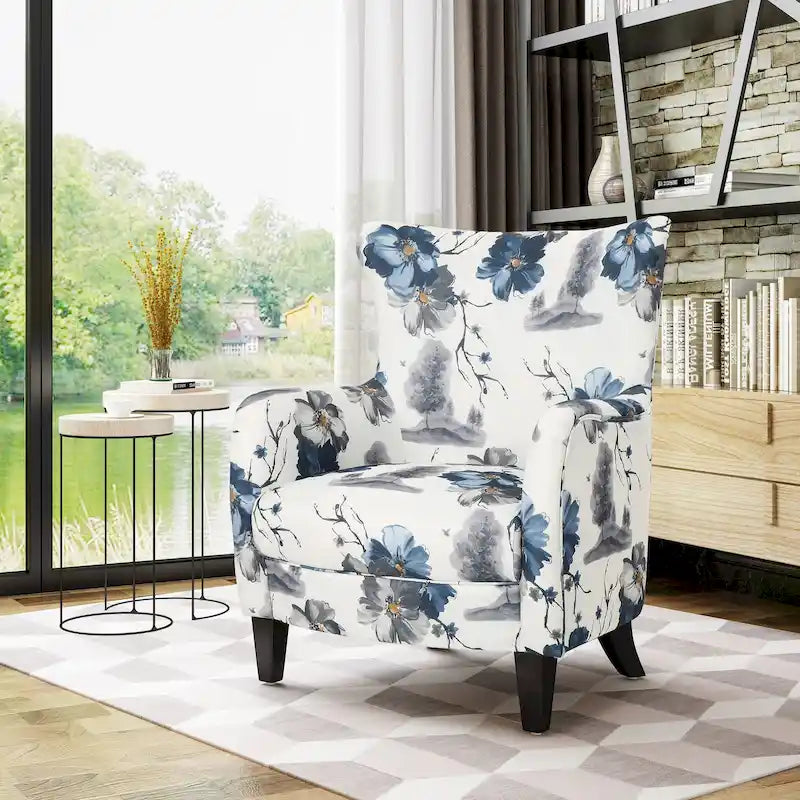 Modern Retro High Back Upholstered Armchair with Wood Legs, Multi-Pattern Design, 30.25"H