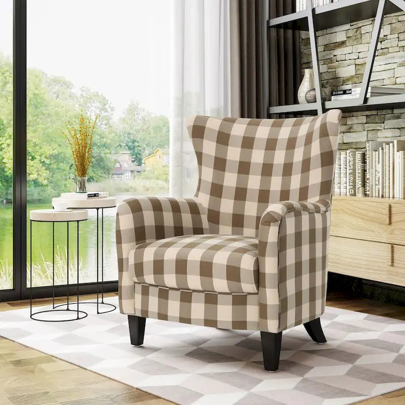 Modern Retro High Back Upholstered Armchair with Wood Legs, Multi-Pattern Design, 30.25"H