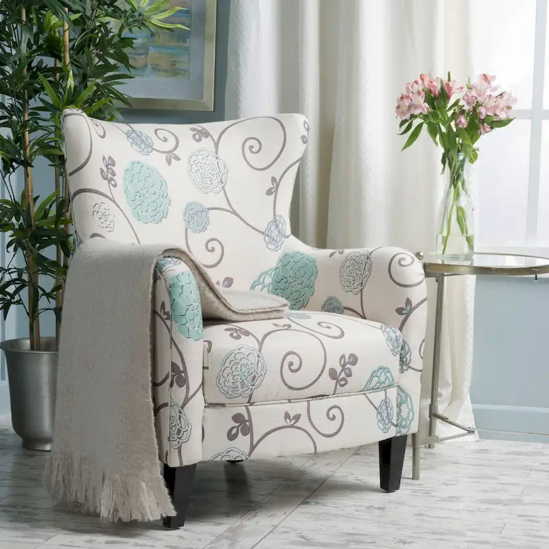 Modern Retro High Back Upholstered Armchair with Wood Legs, Multi-Pattern Design, 30.25"H