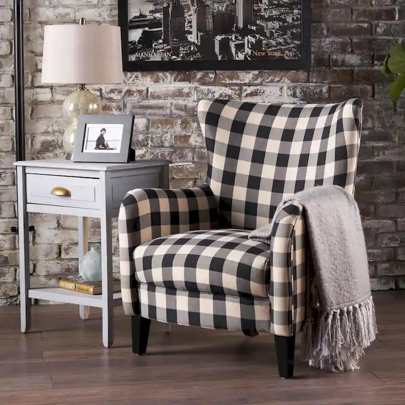 Modern Retro High Back Upholstered Armchair with Wood Legs, Multi-Pattern Design, 30.25"H