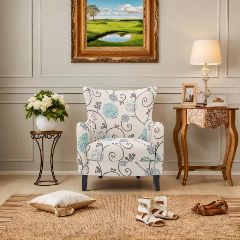 Modern Retro High Back Upholstered Armchair with Wood Legs, Multi-Pattern Design, 30.25"H