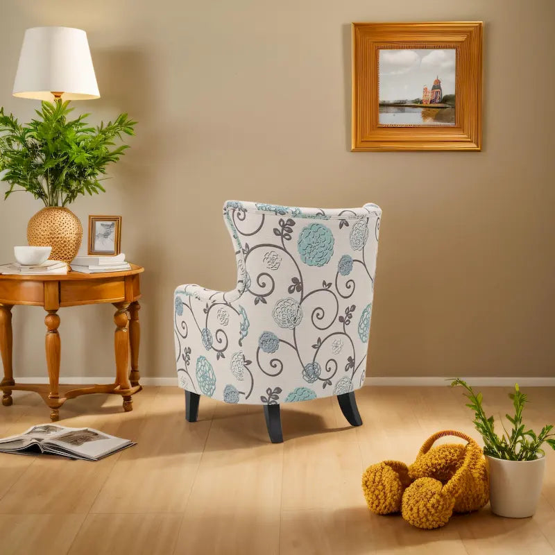 Modern Retro High Back Upholstered Armchair with Wood Legs, Multi-Pattern Design, 30.25"H