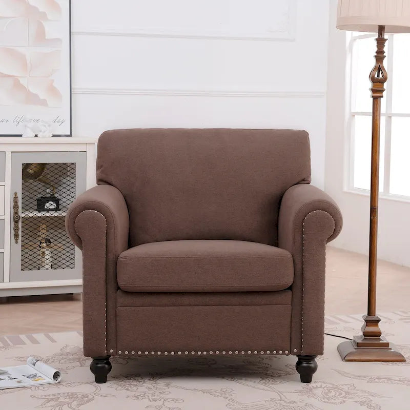37.4" Brown Modern Upholstered Accent Chair Silver Bubble Nail Decoration Solid Wood Frame Pine Birch Detachable Seat Cushions