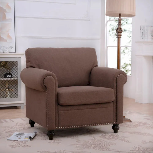37.4" Brown Modern Upholstered Accent Chair Silver Bubble Nail Decoration Solid Wood Frame Pine Birch Detachable Seat Cushions