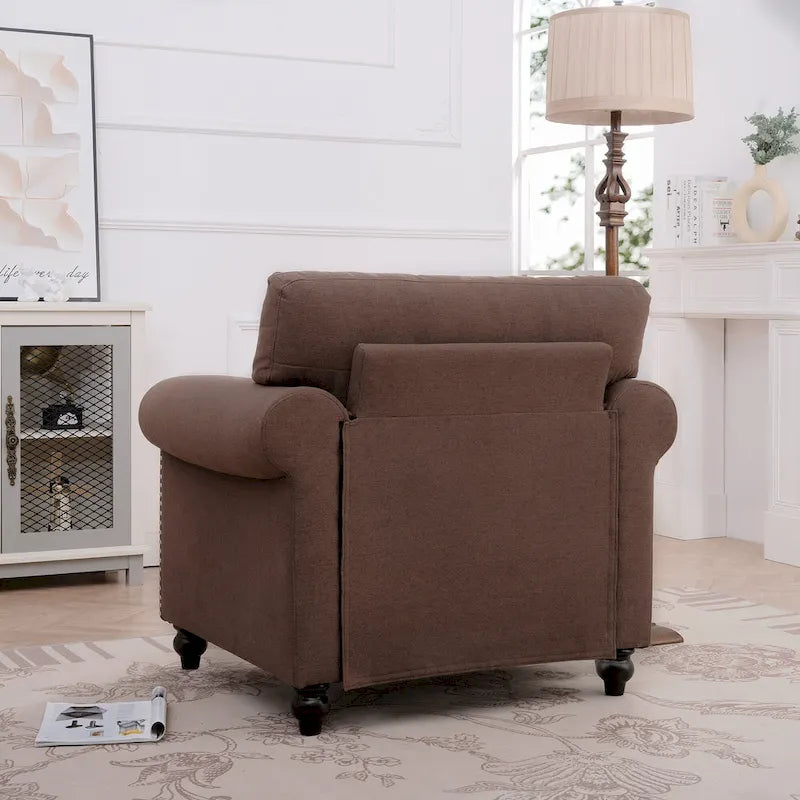 37.4" Brown Modern Upholstered Accent Chair Silver Bubble Nail Decoration Solid Wood Frame Pine Birch Detachable Seat Cushions