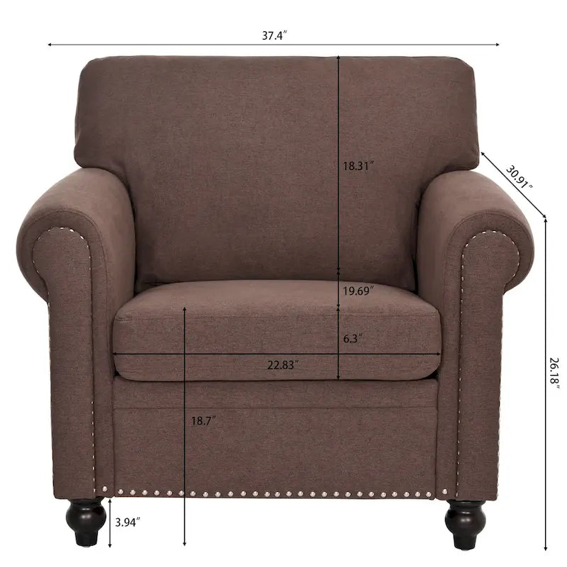 37.4" Brown Modern Upholstered Accent Chair Silver Bubble Nail Decoration Solid Wood Frame Pine Birch Detachable Seat Cushions