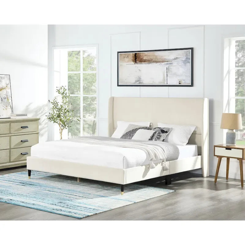 Beige Queen Size Style Platform Bed with Wingback Velvet Headboard