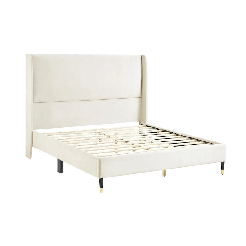 Queen Wingback Platform Bed - Beige Velvet Headboard, Black-Gold Finish Legs, Plywood Slat Support, Low-Profile Modern Luxury
