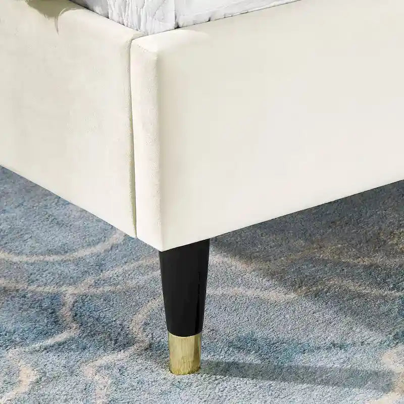Queen Wingback Platform Bed - Beige Velvet Headboard, Black-Gold Finish Legs, Plywood Slat Support, Low-Profile Modern Luxury