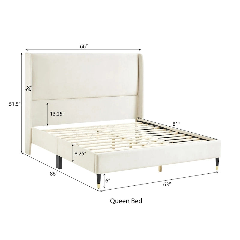 Queen Wingback Platform Bed - Beige Velvet Headboard, Black-Gold Finish Legs, Plywood Slat Support, Low-Profile Modern Luxury